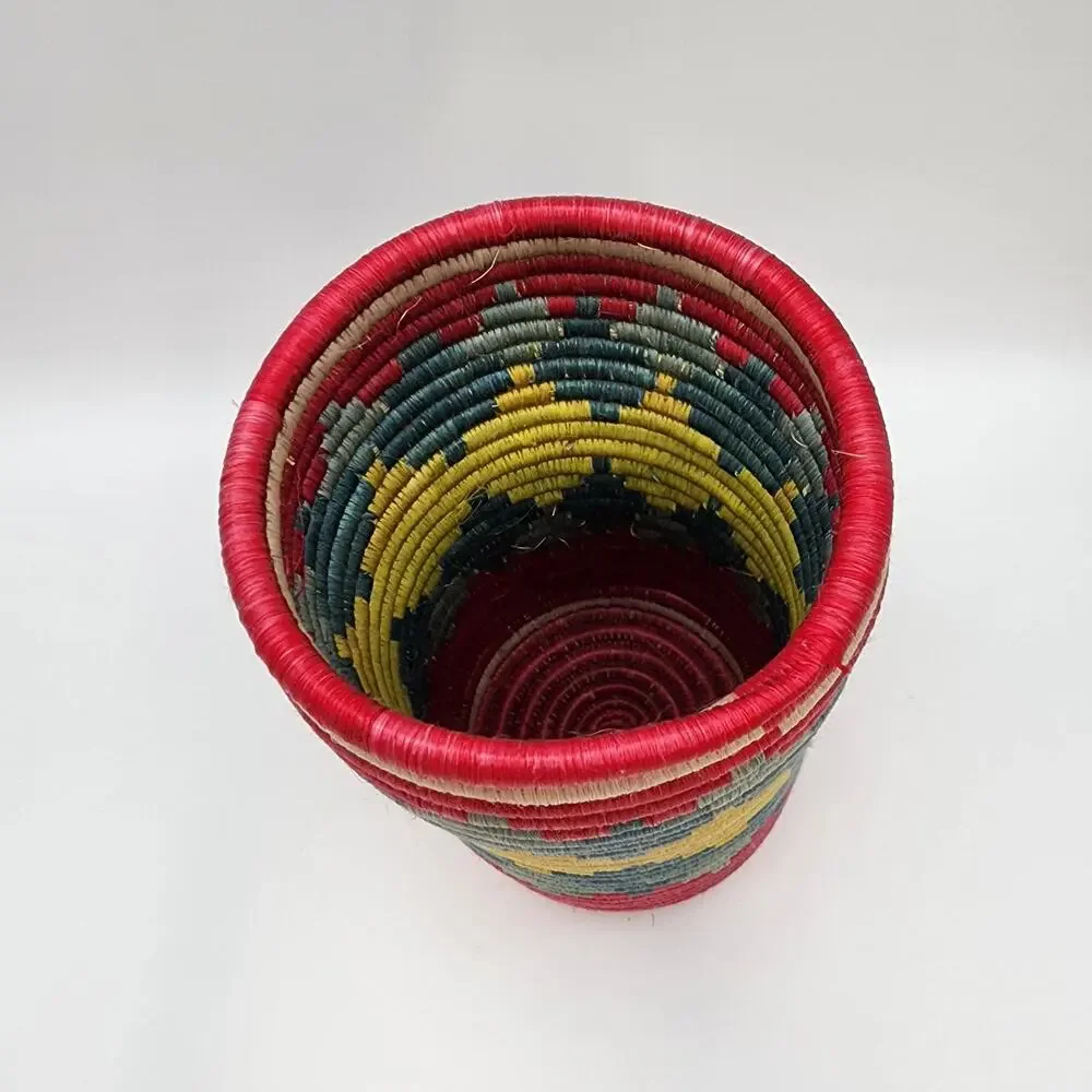 Anthropologie Rafia Woven Utensil Basket Vase African Aztec Tribal Cylinder Boho